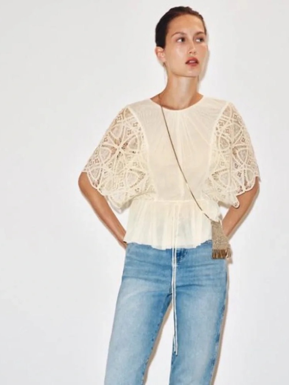 Zara Cream Crochet Lace Sleeve Top - Picture 7 of 13
